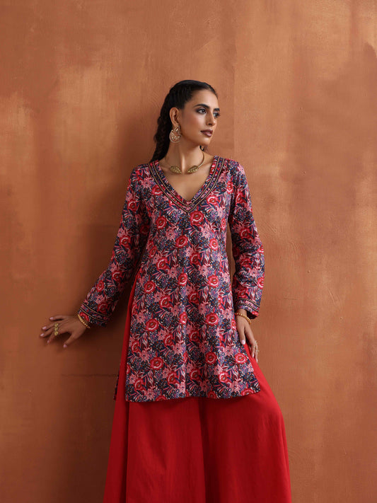 trueBrowns Pink Print Sharara Set | Swadesiicart