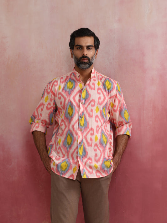 trueBrowns Men's Lime Ikat Print Cotton Shirt | Swadesiicart