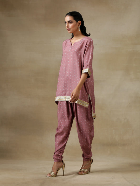 trueBrowns Dark Mauve Bandhani Printed Silk Loose Kurta Dhoti Pant Set | Swadesiicart