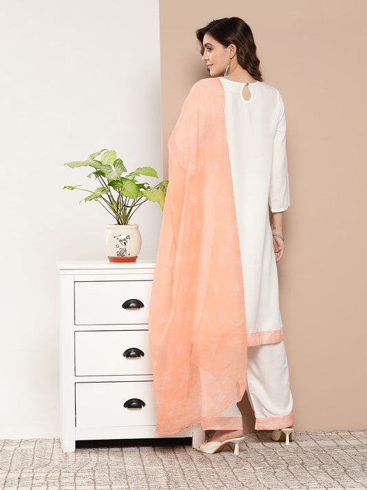 InWeave Women's Cream Straight Kurta Set W Peach White Print Organza Dupatta - Swadesiicart