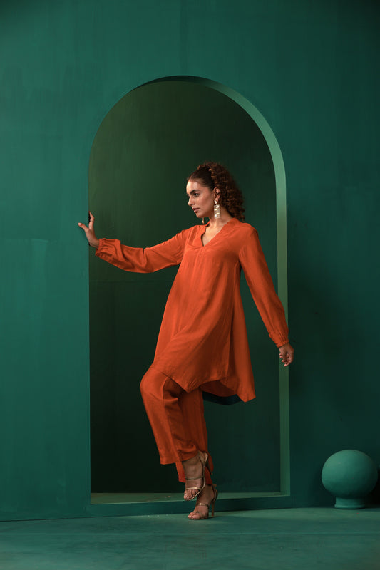 trueBrowns Rust Silk Collar Co-ord Set - Swadesiicart
