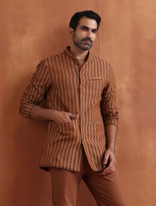 trueBrowns Men's Brown Cotton Dobby Long Jacket | Swadesiicart