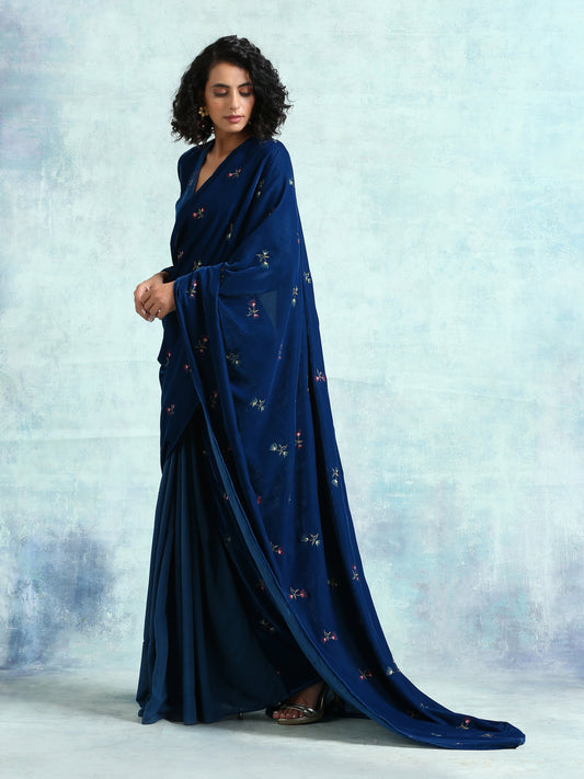 trueBrowns Blue Embroidered Velvet Ready to Wear Saree | Swadesiicart