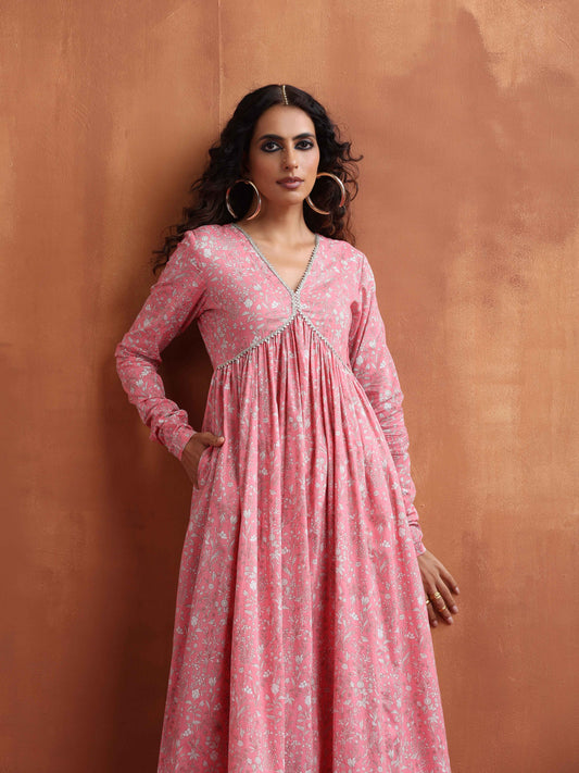 trueBrowns Pink Print Flared Anarkali Kurta Set | Swadesiicart