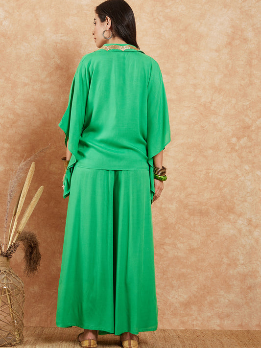 InWeave Women's Parrot Green Solid Collar Neck Boho Top Bottom Set - Swadesiicart