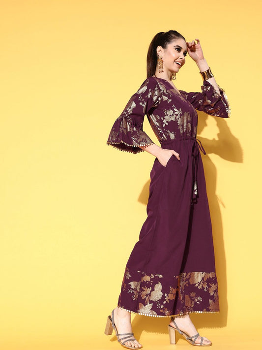 Ahalyaa Burgundy & Gold-Toned Bell Sleeves Printed Ethnic Jumpsuit With Waist Tie-Ups | Swadesiicart