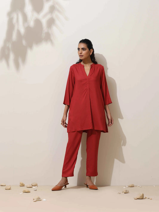 trueBrowns Maroon Viscose Solid Co-ord Set - Swadesiicart