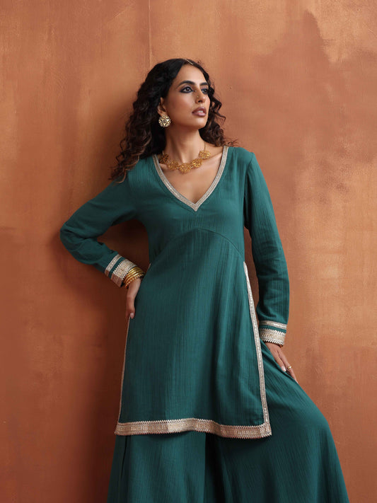 trueBrowns Green Cotton Sharara Set | Swadesiicart