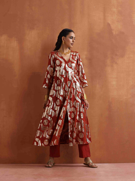 trueBrowns Rust Metallic Angrakha Kurta Set | Swadesiicart