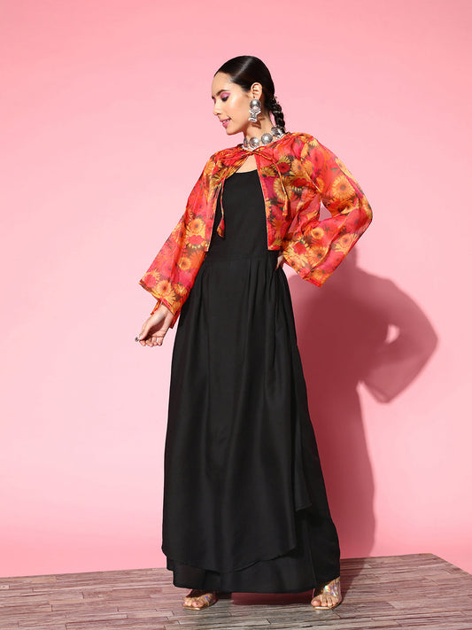 InWeave Women's Black Strappy Set With Pink Mustard Floral Short Organza Cape - Swadesiicart