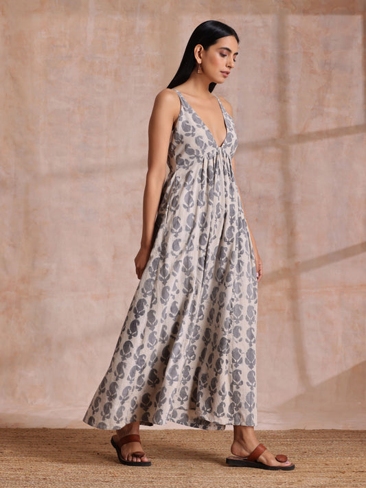 trueBrowns Grey Dabu Buta Print Cotton Sleeveless Dress | Swadesiicart