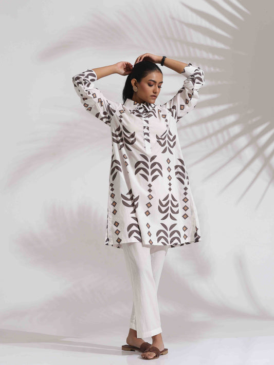 trueBrowns White Cotton Stripe Print Kurta Co-ord Set - Swadesiicart