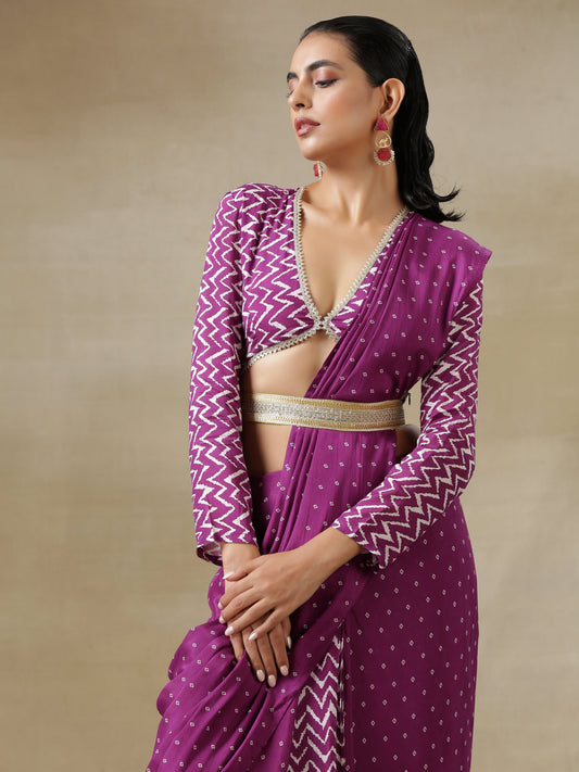 trueBrowns Purple Bandhani Printed Silk Ready to Wear Saree with Belt | Swadesiicart