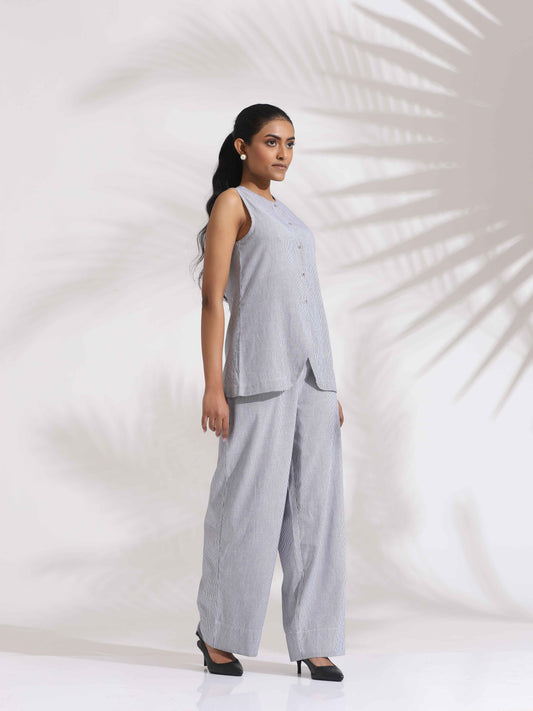 trueBrowns Grey Cotton Stripe Co-ord Set - Swadesiicart