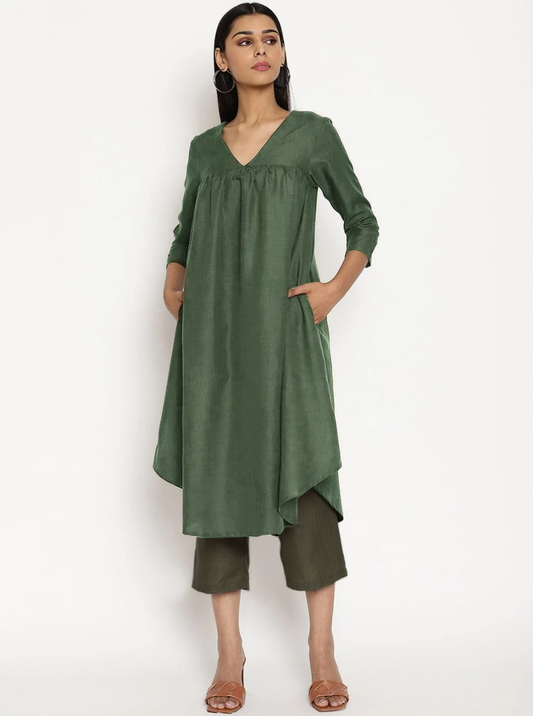 trueBrowns Cotton Linen Light Green Gathered Kurta Pant Set | Swadesiicart