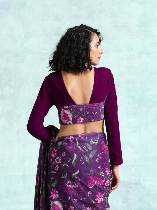 trueBrowns Wine Velvet With Print Detail Blouse | Swadesiicart