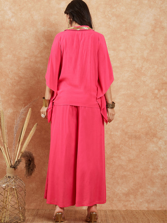 InWeave Women's Fuchsia Solid Collar Neck Boho Top Bottom Set - Swadesiicart