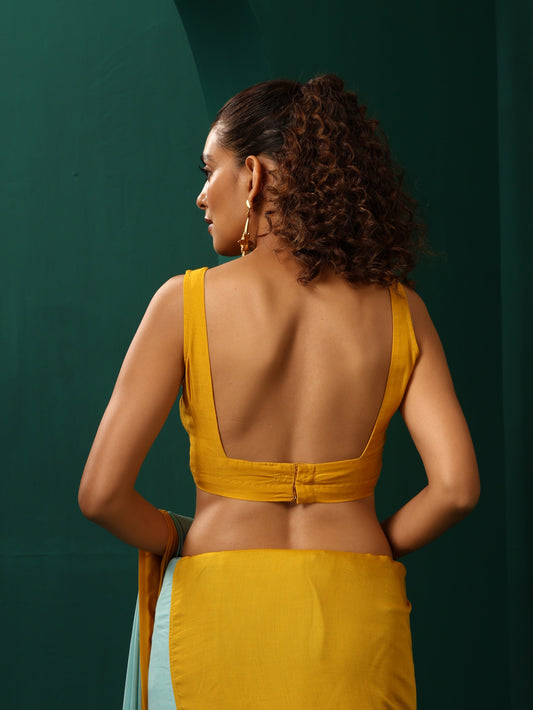 trueBrowns Mustard Muslin Silk Scoop Neck Sleeveless Blouse | Swadesiicart