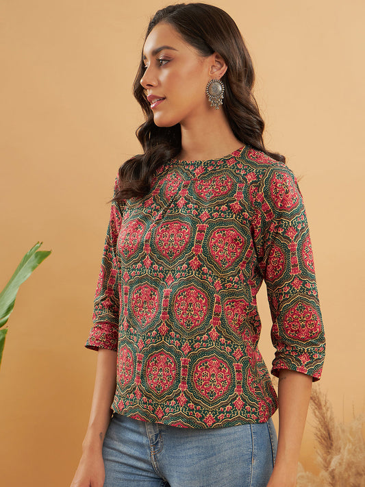 InWeave Women's Green Red Mughal Kalamkari Top - Swadesiicart