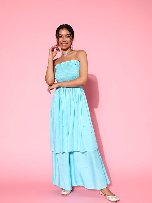 InWeave Women's Sky Blue Mirror Work Off Shoulder Kurta Set - Swadesiicart