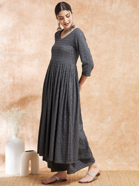 InWeave Women's Grey Chikankari Long Anarkali Kurta Sharara Set - Swadesiicart