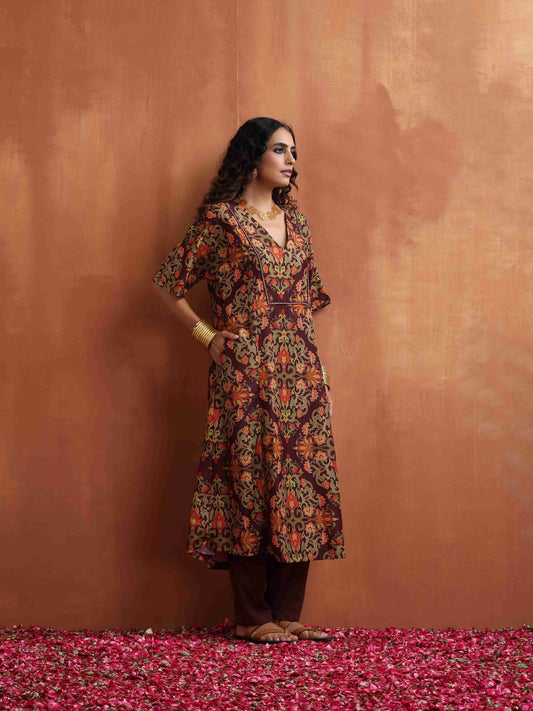 trueBrowns Brown Floral Print Kaftan Kurta Set | Swadesiicart