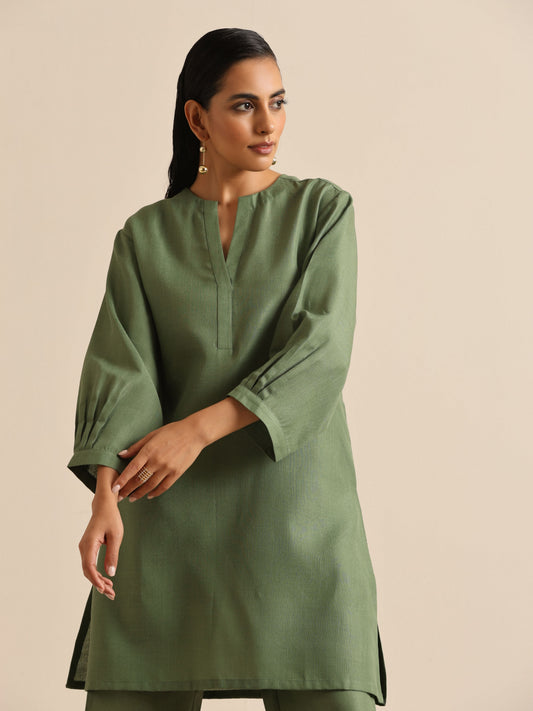 trueBrowns Olive Green Slub Relaxed Placket Co-Ord Set - Swadesiicart