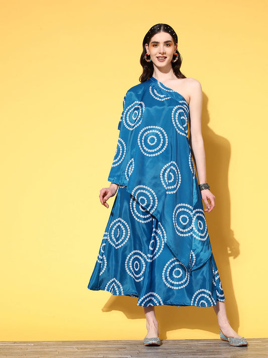 InWeave Women's Blue Bandhani Motif One Shoulder Palazzo Set - Swadesiicart