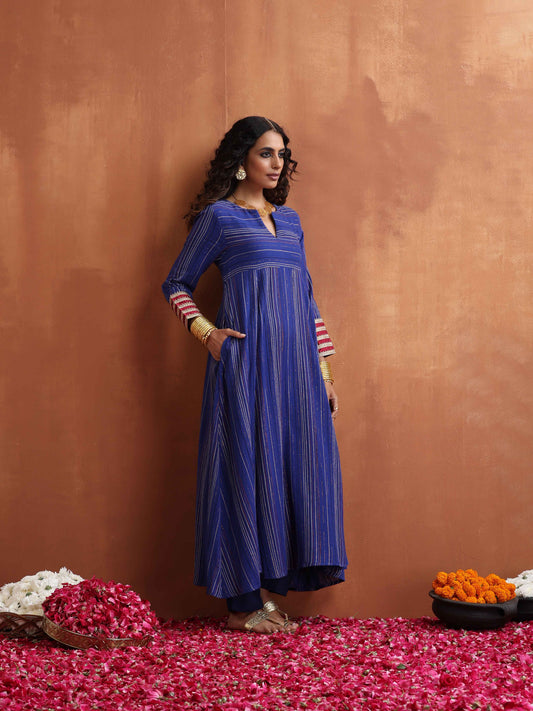 trueBrowns Blue Stripe Flared Anarkali Kurta Set | Swadesiicart