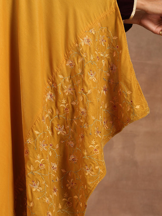 trueBrowns Mustard Velvet Embroidered Shawl | Swadesiicart