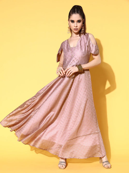 Ahalyaa Chanderi Cold-Shoulders Printed Maxi Ethnic Dress | Swadesiicart