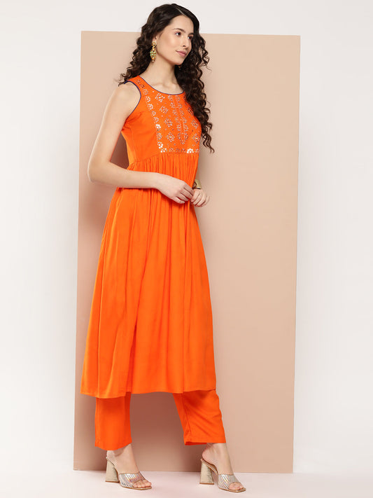 InWeave Women's Orange Mirror Work Aline Strappy Kurta Set W Pink Yellow Leh Dupatta - Swadesiicart