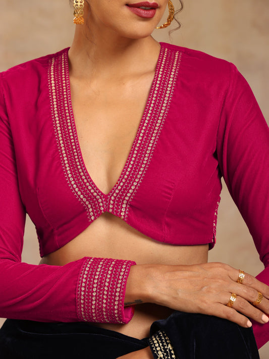 trueBrowns Rani Pink Velvet Embroidered Blouse | Swadesiicart