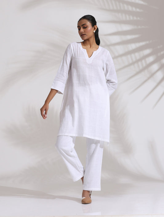 trueBrowns White Cotton Check Kurta Co-ord Set - Swadesiicart