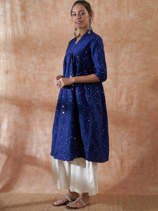 InWeave Women's Blue Mirror Work Flared Kurta - Swadesiicart