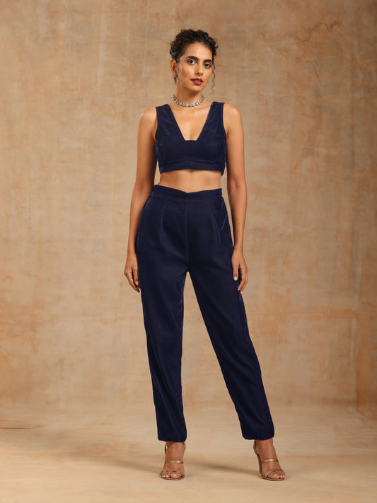 trueBrowns Midnight Blue Velvet Embroidered Jacket Set | Swadesiicart