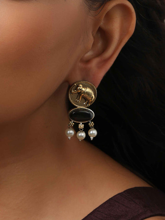 trueBrowns Gold Elephant Embossed Dangle Earrings | Swadesiicart