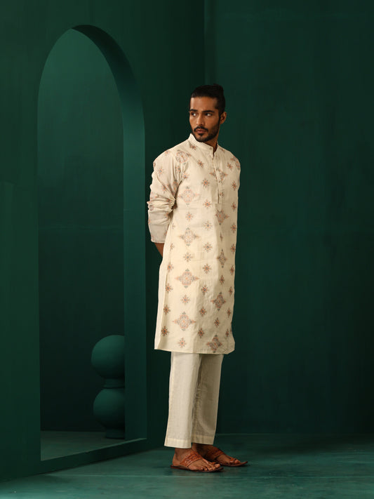 trueBrowns Men's Ivory Peach Cotton Kurta | Swadesiicart