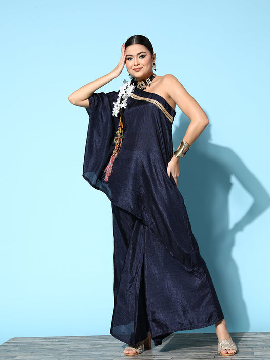 InWeave Women's Navy One Shoulder Kurta Set With Gota Work - Swadesiicart