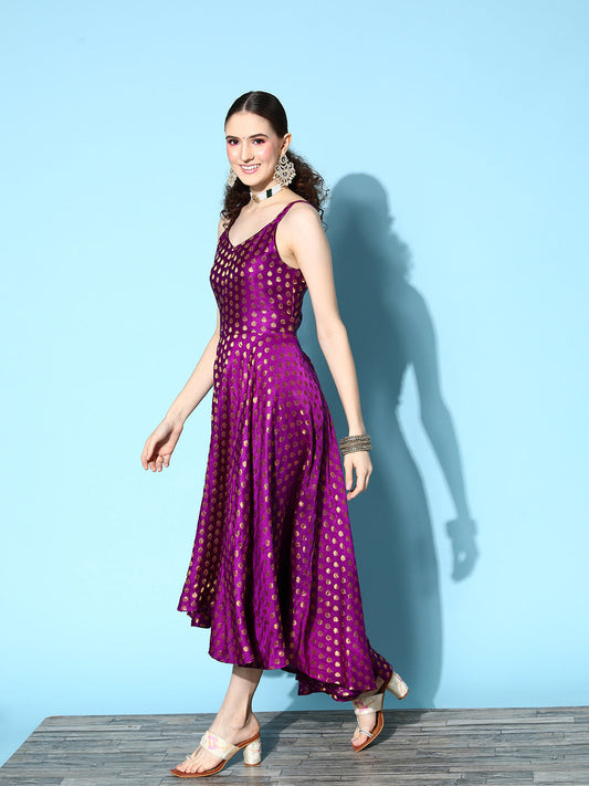 InWeave Women's Wine Gold Small Boota Long Dress - Swadesiicart
