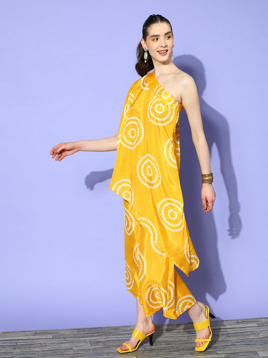 InWeave Women's Yellow Bandhani Motif One Shoulder Palazzo Set - Swadesiicart