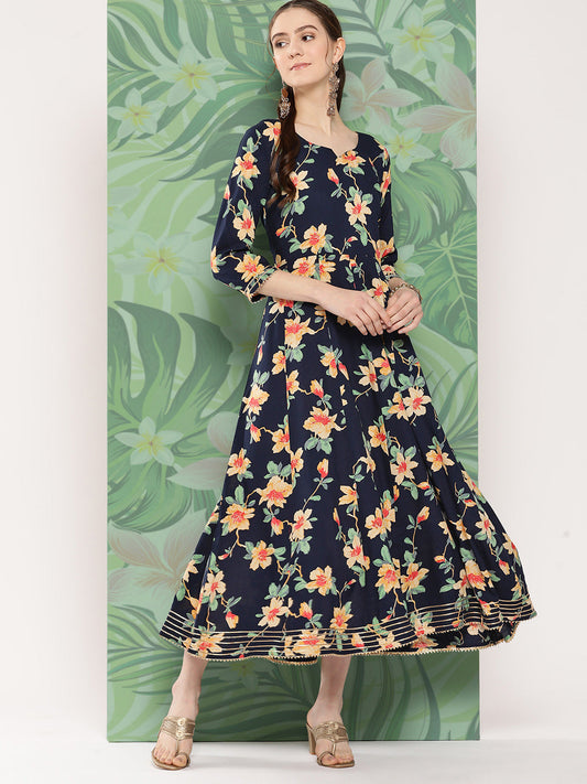 InWeave Women's Black Tropical Print Gota Long Dress - Swadesiicart