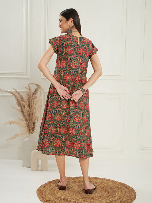 InWeave Women's Green Red Mughal Kalamkari A Line Dress - Swadesiicart