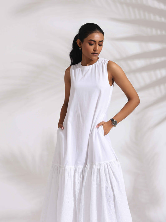 trueBrowns White Cotton Schiffli Tier Dress | Swadesiicart