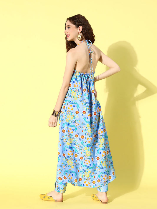 InWeave Women's Sky Blue Print Backless Long Kurta Pant Set - Swadesiicart