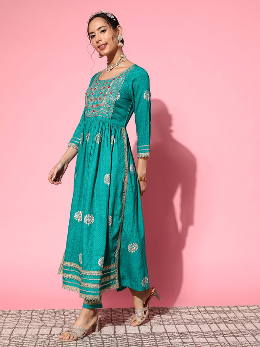 InWeave Women's Teal Nyra Cut Embroidered Kurta Set With Dupatta - Swadesiicart