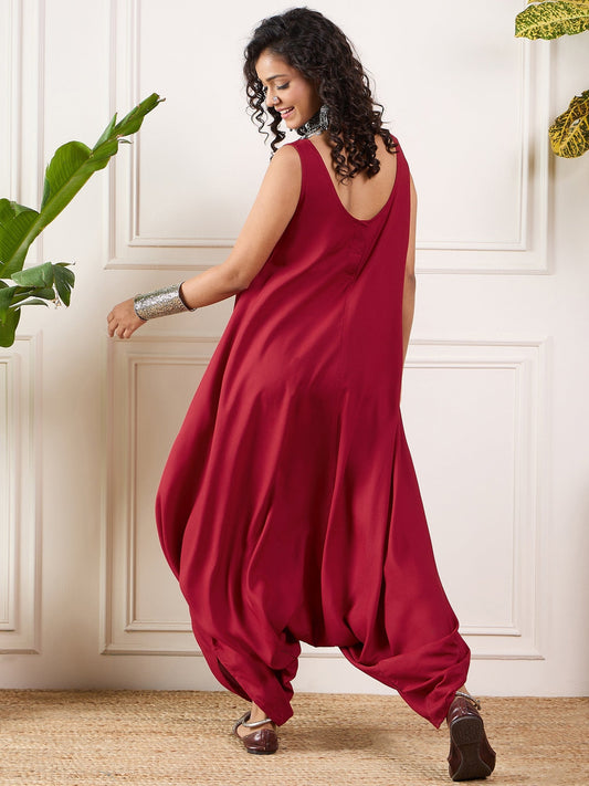 InWeave Maroon Round Sleeveless Jumpsuit - Swadesiicart