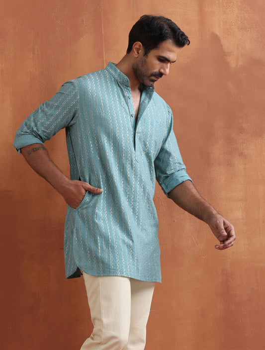 trueBrowns Men's Green Cotton Dobby Short Kurta | Swadesiicart