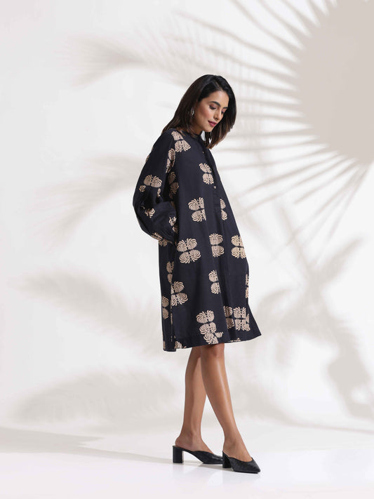 trueBrowns Black Cotton Print Short Dress | Swadesiicart