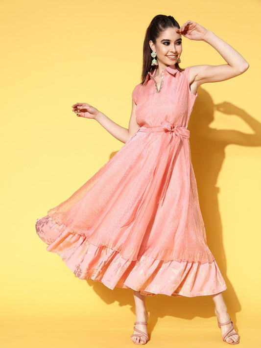 Ahalyaa Belted Tiered Empire Ethnic Dress | Swadesiicart
